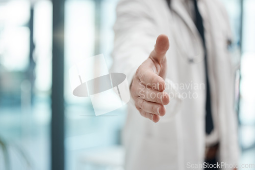 Image of Doctor hand, handshake gesture and hospital welcome, greeting or medical deal with partnership. Closeup of a man healthcare professional with a shaking hands offer for agreement or clinic recruiting.