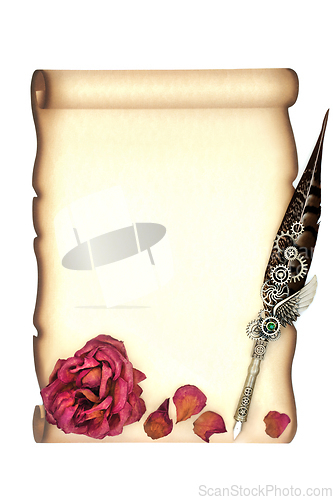 Image of Parchment Paper Scroll Quill Pen and Rose Petals