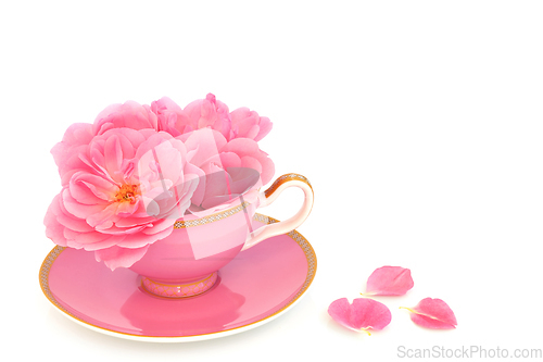 Image of Surreal Pink Rose Flower Tea Cup Composition
