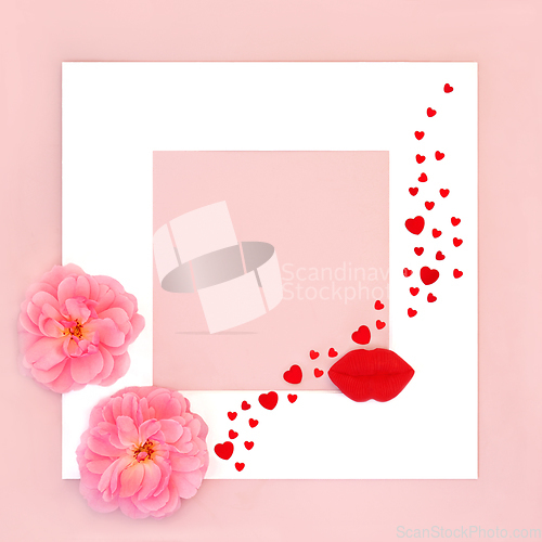 Image of Valentine Rose Flowers Red Lips and Hearts Background Frame 