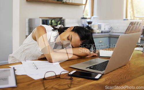 Image of Sleeping, burnout and tired business woman exhausted after home office working hours, overtime and sleepless or mental health. Overworked, sleepy and professional finance woman dreaming on table