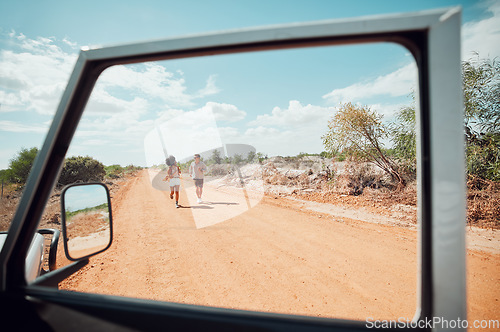 Image of Safari, diversity and couple on road trip in a summer romance, holiday and vacation outdoors together. Car, romantic and young woman having fun on freedom adventure with a lovely partner in Australia