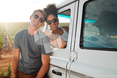 Image of Couple, sunglasses and road trip in nature portrait, vacation or summer holiday outdoors. Love, diversity and man and woman spending time together on romantic journey or adventure in countryside car