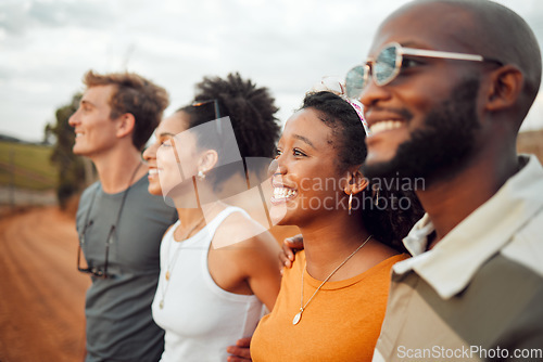 Image of Friends, road trip and smile of happy people enjoying a view outdoor with happiness. Diversity of friend group standing together feeling calm about travel showing community, joy and care