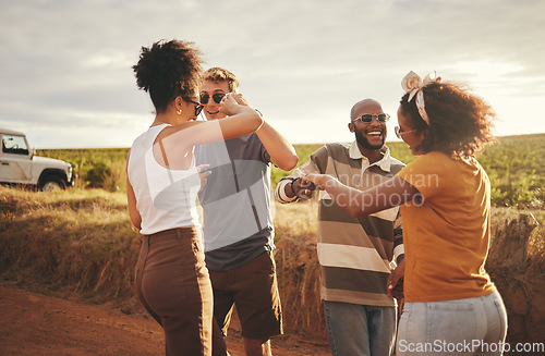 Image of Freedom, dance and friends on a road trip adventure, journey or holiday in the countryside. Diversity, happy and young people dancing together to music in celebration of their outdoor summer vacation