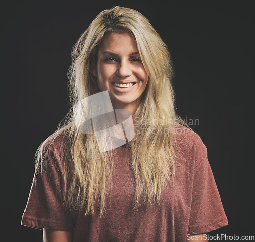 Image of Schizophrenia, crazy or bipolar woman with addiction pain on dark studio for psychology and mental health mockup. Sick girl with anxiety, depression or personality disorder problem in face portrait