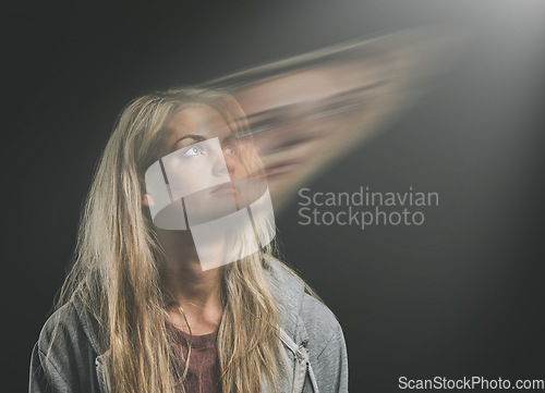 Image of Mental health, anxiety or bipolar woman thinking in double exposure in dark studio for psychology or trauma. Schizophrenia or depressed frustrated girl with depression, fear and paranoid mockup