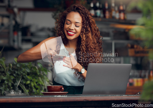 Image of Coffee, phone and blog with woman in cafe with laptop for social media influencer, advertising or small business. Happy, technology or internet with girl in coffee shop and picture for online website