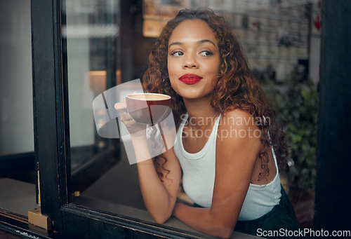 Image of Happy black woman, relax in cafe with smile at window and drinking coffee or tea thinking about future. Young African American girl in a coffee shop, latte drink and creative idea inspiration