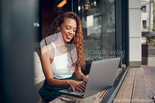 Image of Black woman, remote work on laptop and cafe 5g wifi network connection from coffee shop working on writing blog online. Professional digital freelancer, happy internet writer and typing with a smile