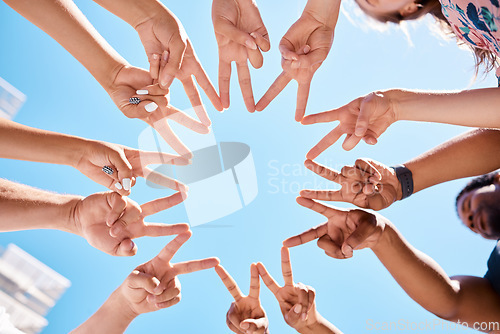 Image of Friends, hands and star sign by volunteer group in support of environment cleaning project in summer blue sky from below. Peace, collaboration and teamwork by happy people gathering to help community