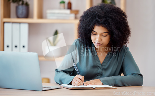 Image of Schedule, entrepreneur and business woman writing notes and report in a notebook, diary or journal. Time management, agenda and young freelancer working and planning a reminder for an appointment