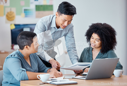 Image of Business team, laptop and creative research collaboration or data analysis in modern office. Happy marketing innovation colleagues, teamwork strategy and asian businessman leading corporate meeting