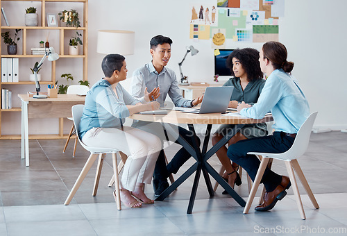 Image of Meeting, teamwork and strategy with a team of business people sitting in the boardroom for planning. Training, collaboration and workshop with an employee group sitting around a table at work