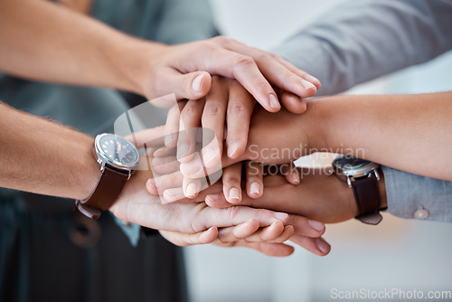 Image of Diversity, hands and support for team trust, care and unity piling in collaboration for community. Closeup hand of people in teamwork solidarity, partnership or agreement for business success