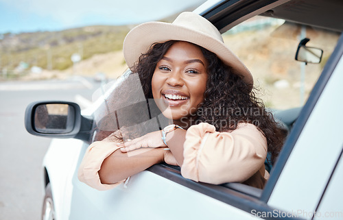 Image of Car, window and road trip portrait of black woman relax on Australia countryside journey for holiday vacation or outdoor adventure. Street transportation freedom, travel SUV van or happy face of girl