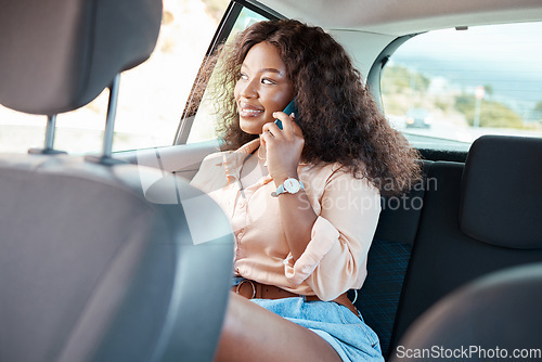 Image of Taxi, phone call and happy black woman in the car, looking out window. Travel, call and girl using taxi service in city for transport. Summer, travelling and speaking on smartphone in backseat