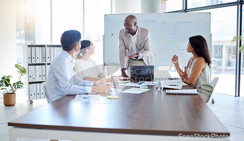 Image of Ceo, happy and business people in meeting for goals, success and planning a sales target for the company. Team, leadership and mentor coaching marketing and advertising employees on a global project