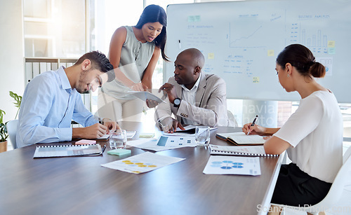 Image of Planning, innovation and business people in a meeting for marketing sales strategy, ideas and risk assessment. Leadership, mentor and African ceo coaching, working and helping employee our vision