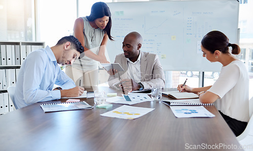 Image of Planning, project management or tablet review with business people in meeting for marketing strategy, documents or research. Mentor, analytics or teamwork with leader working on data on future growth