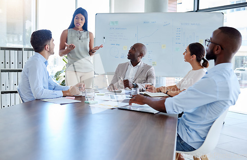 Image of Black woman, speaker and corporate presentation in the office conference room for the team. Diversity, leadership and business people planning a company project with professional leader in a meeting.