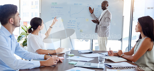 Image of Presentation, finance and training with a team in a meeting for growth, future development or report. Collaboration, strategy and data with a business man ready to answering a question in a boardroom