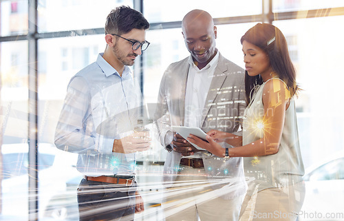 Image of Futuristic, tablet working overlay and business people with a tech screen hologram looking at digital data. Future technology, iot and cloud computing of employee group planning a ux office strategy