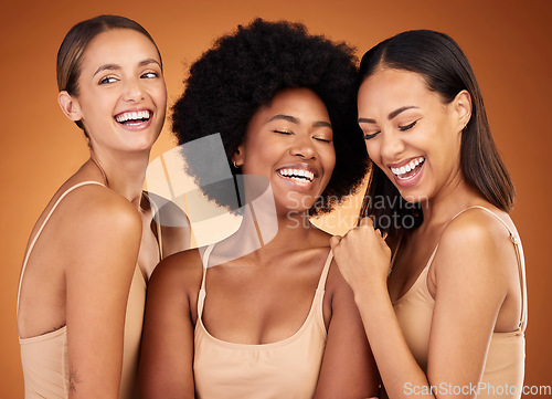 Image of Happy, beauty and women diversity of model group laughing together. People or girl friends smile feeling calm, female empowerment and skincare happiness experience feeling comfortable in their skin