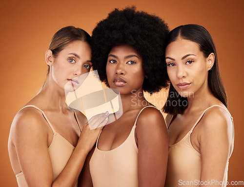 Image of Beauty, diversity and skincare with a model woman group standing in studio on a brown background to promote real. Hair, face and skin with a female group posing for haircare or wellness together