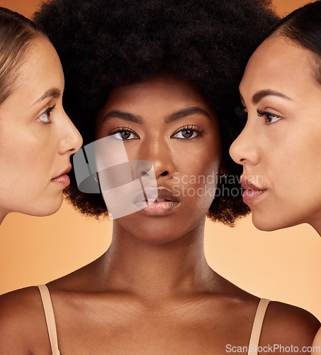Image of Beauty, diversity and skincare with model woman friends in studio on a pastel color wall background for empowerment. Skin, health and face with a proud female group posing for inclusion or wellness