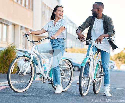 Image of Couple in street, bicycle and eco friendly travel, happy and clean carbon footprint in cityscape. Environment, transportation and urban, young man and woman, health and fitness, wellness and exercise