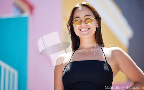 Image of Happy, woman and fashion glasses with smile on summer holiday break in the outdoors. Portrait of female smiling in happiness for vacation, travel with stylish eyewear for fun weekend in South Africa