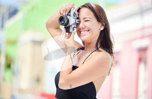 Image of Photographer with digital camera, urban photography or woman shooting Singapore color street on global travel vacation. Asian city girl, holiday memory photoshoot or young gen z student on world tour