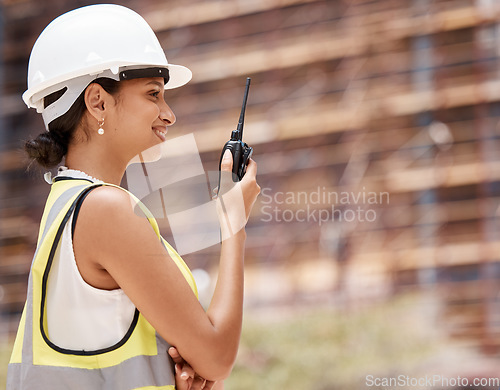 Image of Construction, engineer and woman with walkie talkie, communication and inspection. Engineering, building development and construction worker, radio technology and inspector check in at work site.