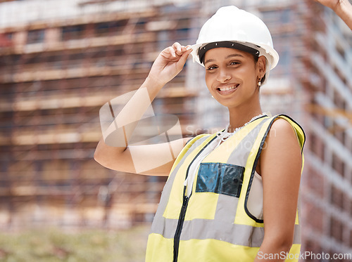 Image of Building, construction site and architect portrait of woman in engineering. Engineer, architecture and construction worker in safety gear to check building site. Black woman contractor happy at work