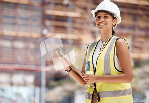 Image of Black woman, engineer and building safety manager with quality compliance checklist. Happy architecture employee smiling female contractor and lead building construction worker at inspection site