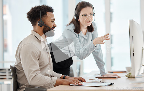 Image of Call center, team manager and employee training on computer monitor for company advice, goal or target communication. Teamwork, leadership and coaching woman for telemarketing customer service agent