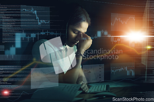 Image of Future stock market, finance loss or woman for cloud computing, hologram or futuristic 5g network, headache or depression at night. Employee, manager or worker with mental health for 404 pc glitch