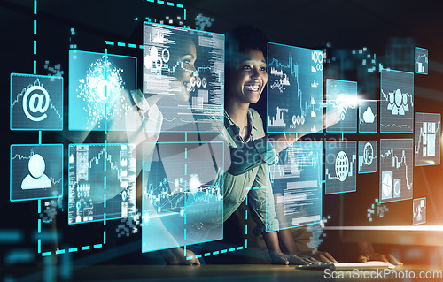 Image of Tech team, overlay and trading on stock market with hologram, cloud computing and ai financial strategy via wifi internet. Female, cryptocurrency and trader doing data analysis for investment growth