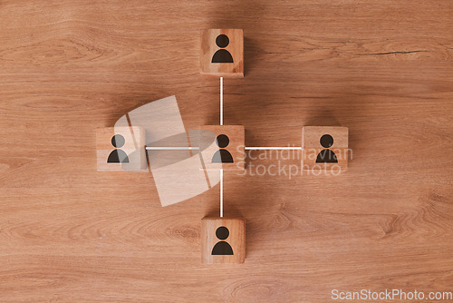 Image of Wood, networking and communication with wooden blocks connected on a brown surface for collaboration or synergy. Marketing, teamwork and connectivity with block icons joined in partnership from above
