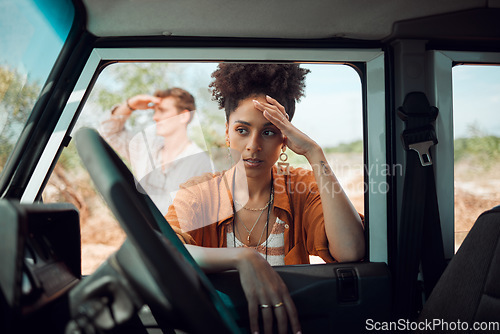 Image of Lost, stress and road trip couple waiting for emergency roadside assistance, car mechanic service and transport insurance help in safari desert. Sad woman anxiety, driving crisis and accident problem