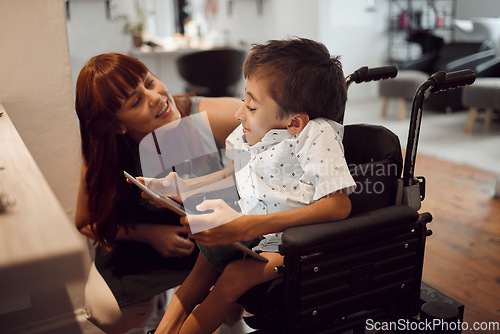 Image of Woman, child with disability and tablet, wheelchair friendly and inclusivity, accessibility and support. Cerebral palsy and kid with handicap, screen time and games, disabled in hairdresser salon