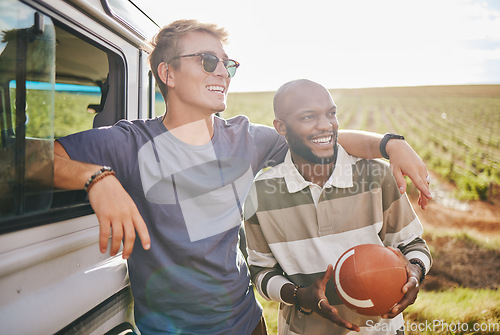 Image of Sports, vacation and friends on road trip, holiday and stop to rest, play games or enjoy countryside view together. Diversity men playing, adventure or travel for summer, getaway or bonding in nature