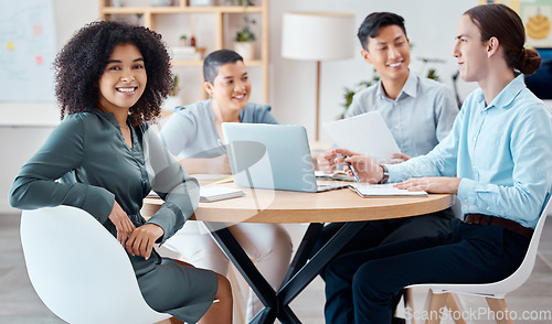 Image of Meeting, leader and woman with team in an office, working on creative marketing and digital planning. Teamwork, innovation and diverse colleagues sharing strategy, vision and goal for online progect