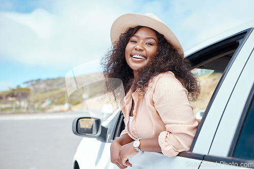 Image of Road trip travel, black woman and car window freedom to relax in summer, vacation and outdoor adventure in South Africa countryside. Portrait happy young african female, driving journey and transport