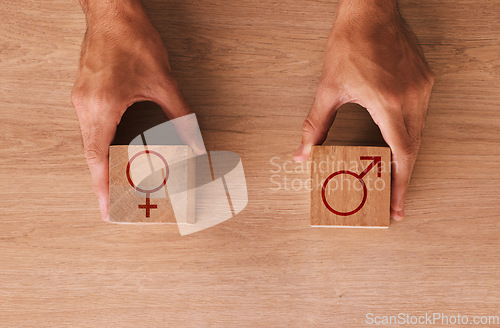 Image of Wood block, gender and sex equality backgrounds of male, female and identity sign, choice and symbols. Closeup sexuality icons cube for fair opportunity, human rights bias and social transformation