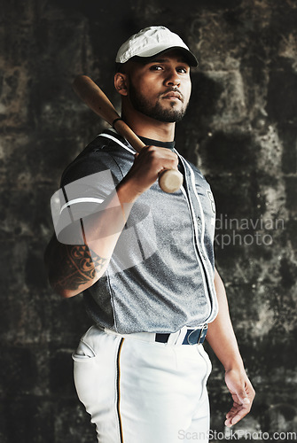 Image of Sport, fitness and baseball player with bat looking cool, focus and ready for competitive training. Vision, mindset and portrait of professional softball athletic man, determined attitude in Mexico