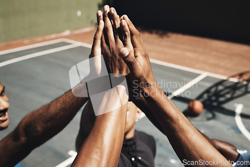 Image of Sports friends, men or high five on basketball court in success game, community support workout or match motivation. Team building, winner or fitness celebration hands of players in exercise training