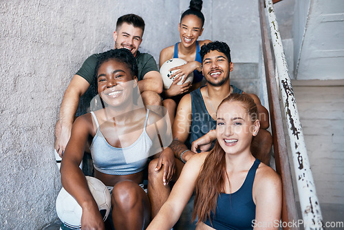 Image of Fitness, sports and group of friends sitting on stairs with a smile, positive mindset and happiness after fitness training or soccer match. Diversity with men and women athletes in London health club