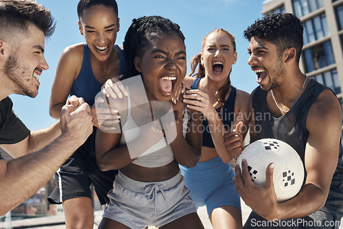Image of Soccer teamwork, winner and success celebration in fitness workout, training game and workout match with friends. Screaming sports people, football and fist in motivation, energy and exercise goals